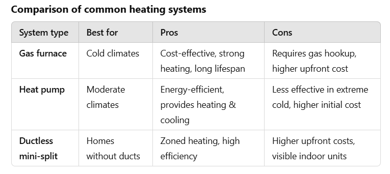 A table comparing different heating systems, including gas furnaces, heat pumps, and ductless mini-splits, based on factors like energy efficiency, cost, and suitability for various climates.