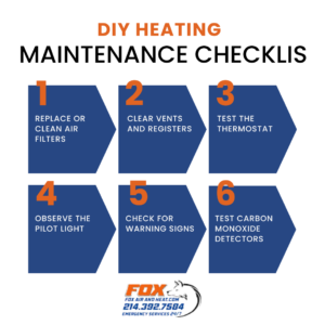 DIY Heating Maintenance Checklist for Forney, TX - A simple, step-by-step guide to keep your heating system running smoothly. Includes tips on replacing air filters, clearing vents, testing thermostats, and more.